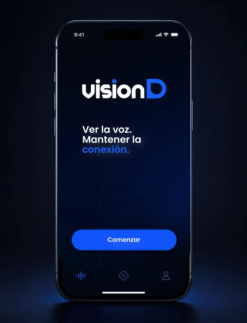 App VisionD en un iPhone, pantalla de inicio con el botón Comenzar
