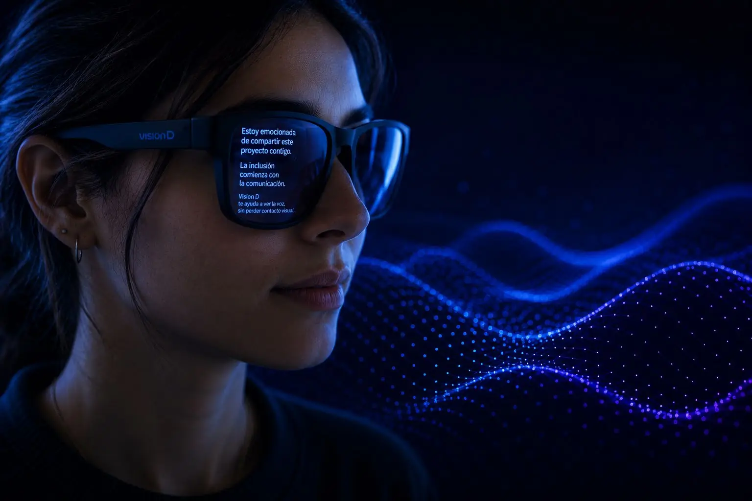 Mujer con lentes inteligentes leyendo subtítulos en el lente
